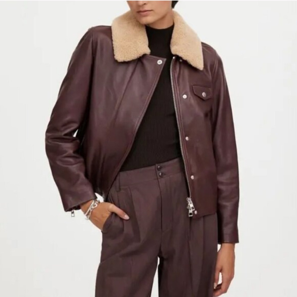 Madewell Sherpa-Collar Asymmetric Zip Leather Jacket Dark Coffee